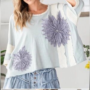 NWOT Oli & Hali 3D Floral Appliqué Top in Light Blue and Cream Size Small